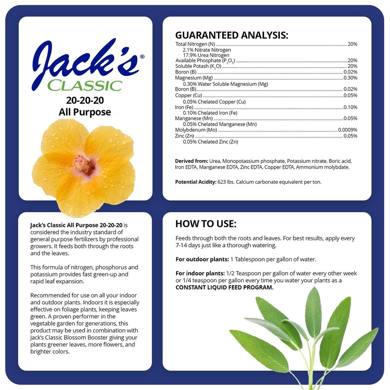 Jack's Classic 20-20-20 All Purpose Water-Soluble Fertilizer with Micronutrients to