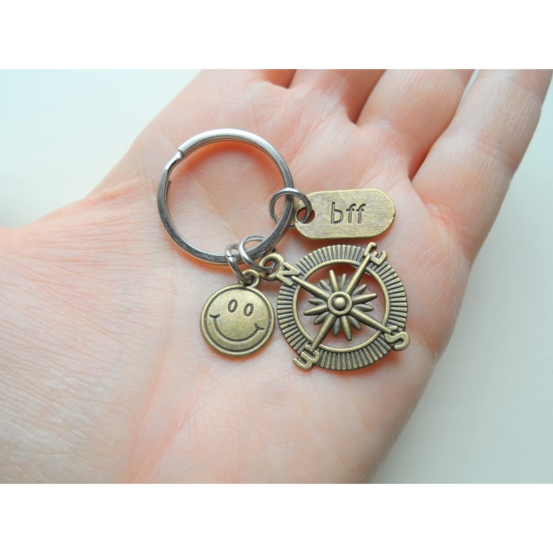 Bronze Friend Charm Keychain with Compass Charm, Smiley Face Charm