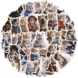 50 Pcs Kitten Stickers for Kids, Cute Cat with Clothes Sticker for Teens, Healing Cat Waterproof Vinyl Sticker for Water Bottle,Laptop,Phone,Skateboard,Journaling,Kawaii Stickers for Kids Teen