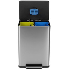 Simpli-Magic 60 Liter / 16 Gallon Rectangular Hands-Free Dual Compartment Recycling Kitchen Step Trash Can with Soft-Close Single Lid, Stainless Steel (30L x 30L Capacity)