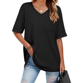 HOTOUCH Basic Tees for Women Oversized T Shirts V Neck Tees Short Sleeve Blouse Cozy Comfy Tunic 2025 Black XL