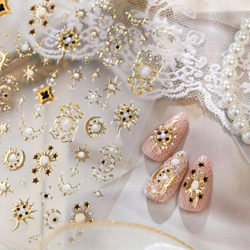 Gold Silver Star Moon Sun Nail Boho Baroque Celestial Nail