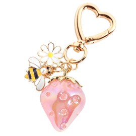 Cute Strawberry Charm Keychain, Kawaii Bag Charms Flower Daisy Bee Accessories for Women Purse Handbag (Pink)
