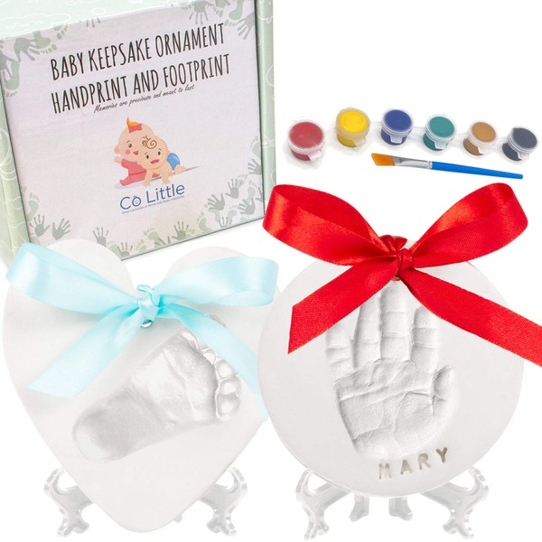 Baby Ornament Keepsake Kit (Circle & Heart) Clay Handprint and Footprint Casting for Newborn - Best New Mom Gift and Shower Gift - Hand Imprint Mold - Foot Impression for Girls & Boys Print - 2 Easels