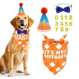 YAOWKY Dog Birthday Party Decorations, Birthday Hat Bandana Bow Tie Set Blue Orange with Numbers Boy Girl Pet Scarf Collar for Large Dog Birthday Supplies