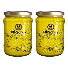 SHREE RADHEY A2 Bilona Gir Cow Ghee | 500 ML X 2 | Traditional Bilona Method | Cultured | Premium | Immunity Booster | Pure | Healthy | Fresh | Lactose and gluten free | Keto Friendly | Glass Bottle