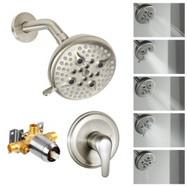 KINSE shower kit with valve and shower head, shower head and handle set， 5 Inches Rain Shower Fixtures, 5-Spray shower head kit, Single Handle Control Shower Faucet Set with Valve（Brushed Nickel ）