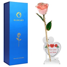 OLEKURT 24K Gold Rose - Unique & Everlasting Real Hand Dipped in 24K Gold, Forever Real Rose Gifts for Wife Anniversary Valentines Day Mother's Day Birthday (Pink Rose with Love Stand)