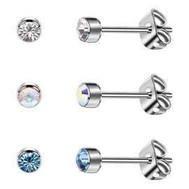 Artskin 3 Pairs/Set Women's Stud Earrings Titanium Girls' Earrings Hypoallergenic Crystal Men's Earrings 5mm Nickel Free Silver Plated Earrings Studs Birthday Mothers' Day Gift