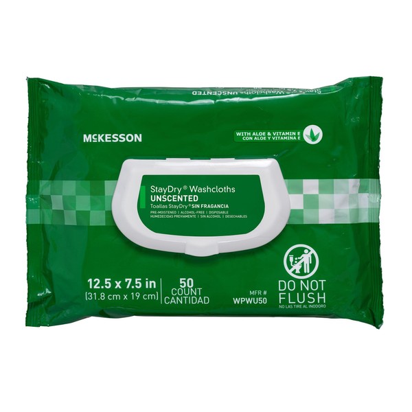 McKesson StayDry Washcloths, Disposable - for All-Over Body Use, Pre-Moistened with Aloe and Vitamin E - Unscented, 7 1/2 in x 12 1/2 in, 50 Wipes, 1 Pack