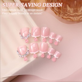 24pcs False Toenails - French Toe Nails - White French Tip Toe Nails With Rhinestone - Short Square Fake Toenails With Glue - Acrylic Press On Stick On toe nails For Toenails Decoration