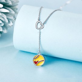 URONE Softball Necklace Sterling Silver Softball Heart Larait Bar Y Lariat Long Chain Pendant Sports Mom Jewellery Gifts for Women