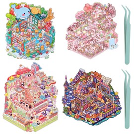 JIZZU 4 Sets DIY Sticker Scene, Sticker Therapy Adults, DIY 3D House Stickers for Kids, Scene Stickers with Tweezers, Funny Cartoon Scene Stickers for Relief Stress, Pass The Time