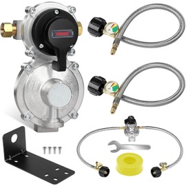 NQN 2-Stage Automatic Changeover LP Propane Gas Regulator with Two 18" RV Pigtail Propane Hoses with Gauge, Stainless Braided QCC1 1/4" Inverted Male Flare, Ideal for Trailers and Camper RVs