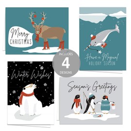 Illustrated Arctic Animals Holiday Card Pack / 24 Cards With White Envelopes / 6 1/4" x 4 5/8" Adorable North Pole Animals Christmas Note Cards