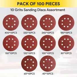 100Pcs Sanding Discs Pads, AUGOLA Hook and Loop 40 60 80 100 120 150 180 240 320 400 Mixed Grits 125mm Sandpaper Sheet for Random Orbital Sander, 8-Holes