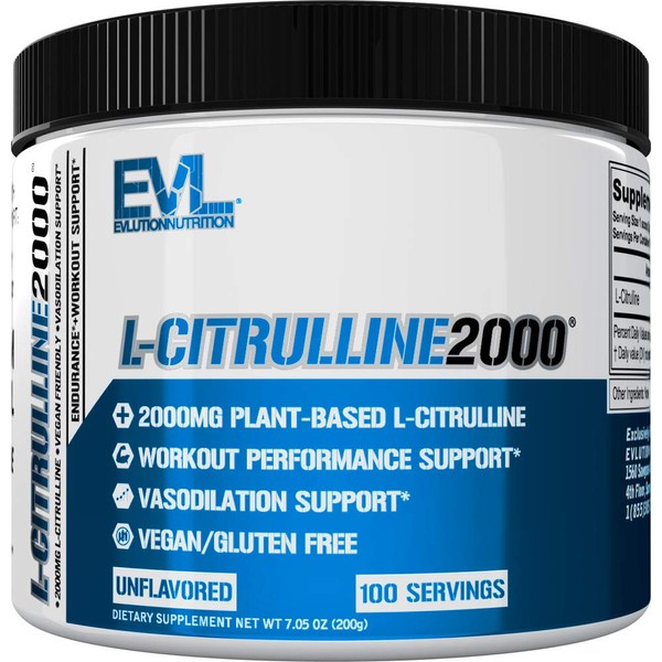 Evlution L-Citrulline2000 Nitric Oxide Pre Workout Powder Nutrition High Strength L Citrulline Powder for Enhanced Muscle Strength and Intense Pumps - Plant Based Nitric Oxide Booster - Unflavored