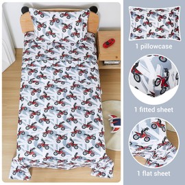 Viviland 3 Pieces Boys Grey Twin Sheet Set - Soft Microfiber Fitted Flat Sheets & Pillowcase - Red Motorcycle Print Bedding Sets - for Kids & Toddlers