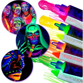 Grupo Carnavallia Kit Maquillaje Neón Pintura y Crayón Fluorescente Glow Luz UV para Fiestas, Set de 8 Piezas, Colores Rosa, Naranja, Amarillo, Verde
