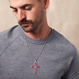 Jewmon Baguette Birthstone Cross Necklace for Women Lab Ruby Pendant Charm 925 Sterling Silver Cross Birthstone Necklace for Men Protection Amulet Jewelry Christmas Birthday Gifts for Mom Wife FP0286R
