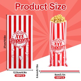 Popcorn Bags, Pack of 150 Small Popcorn Bags, OPP Popcorn Cups, 27 x 12.5 cm, Popcorn Box, Candy Bag for Cinema, Birthday Parties, Gatherings, Red and White Stripes