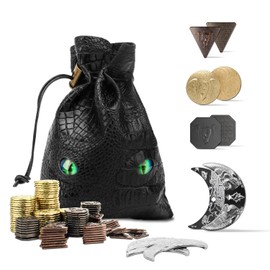 Byhoo 145PCS Metal DND Coins & PU Leather Bag, Contains 60 Gold Coins, 40 Silver Coin, 40 Copper Coins and 5 Platinum Coin, Tokens with Glow in The Night Eyes Bag for RPG Tabletop Games