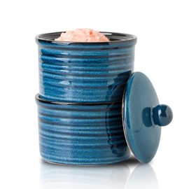 Hasense Ceramic Salt Cellar with Lid, 9 oz Salt and Pepper Bowls, Stacked Salt Box for Countertop Stovetop, Salt Pepper Container for Tabe Salt, Blue Farmhouse Kitchen Decor, Set of 2