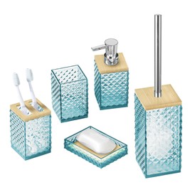 Set 5 Accesorios de Baño  Kit de Baño Elegante  Diseño tridimencional  Jabonera  Dispensador  Cepillo para WC  Vaso Porta cepillos (Azul)