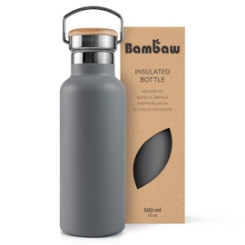 Bambaw 16 oz Water Bottle, Gray Insulated Water Bottle, Metal Water Bottle That Fits in Cup Holder, Hiking Water Bottle, Stainless Steel Water Bottle, Refillable Water Bottle – Stormy Gray