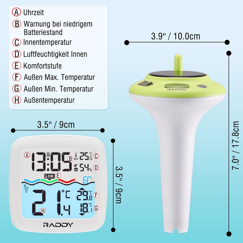Raddy PT-5 Wireless Pool Thermometer, Floating, Easy to Read