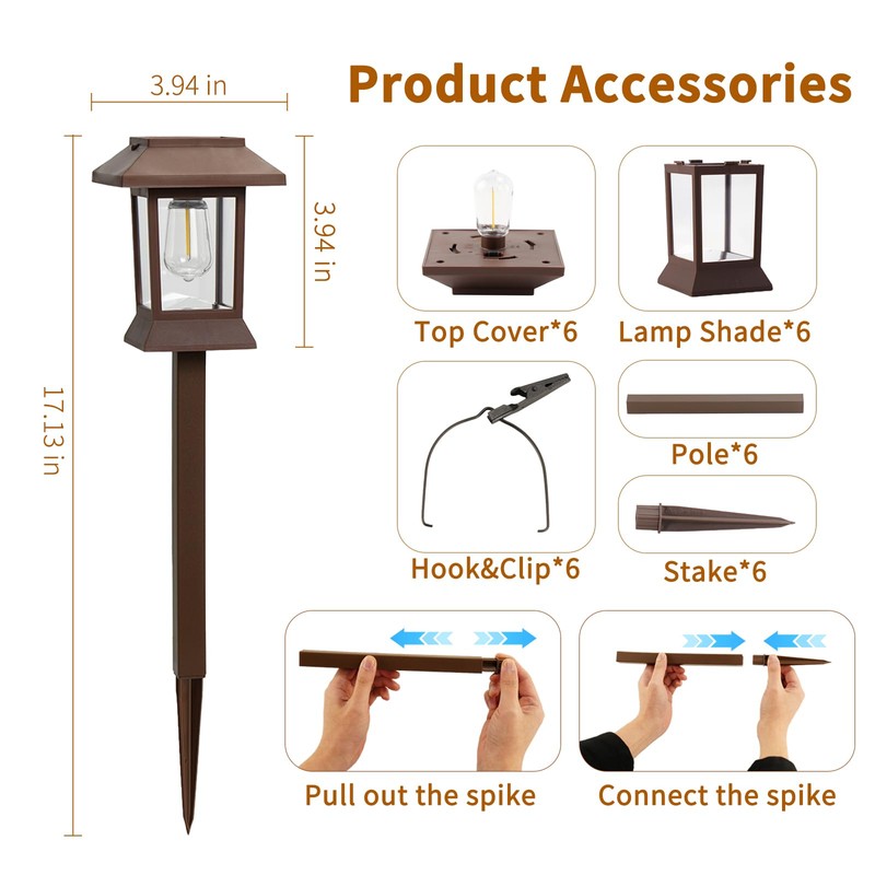 Glosola 6Pack Solar Pathway Lights Outdoor Waterproof IP65, Brown Solar
