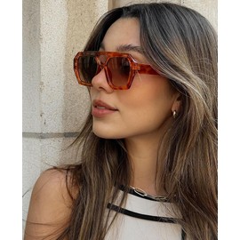 SDINM Trendy Aviator Sunglasses for Women Thick Frame Double Bridge Sun Glasses Shades (Orange/Brown Lens)
