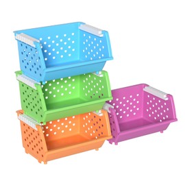 Ponpong 4 Pack Plastic Storage Basket Stackable, Open Front Storage Bins