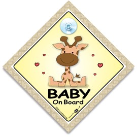 Giraffe Baby On Board Sign, Baby on Board Sign Baby Giraffe, Grandchild On Board Sign, High Visibility Suction Cup Car Window Sign For Baby in The Car, 14 cm x 14cm x 2cm