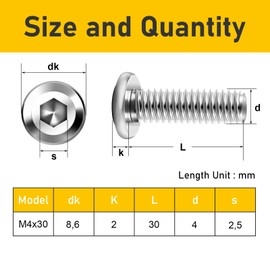 Valorada 20Pcs M4 x 30mm Flat Head Hex Socket Screws, 304 Stainless Steel Furniture Bolt, Full Thread Machine Screw with Hex Key