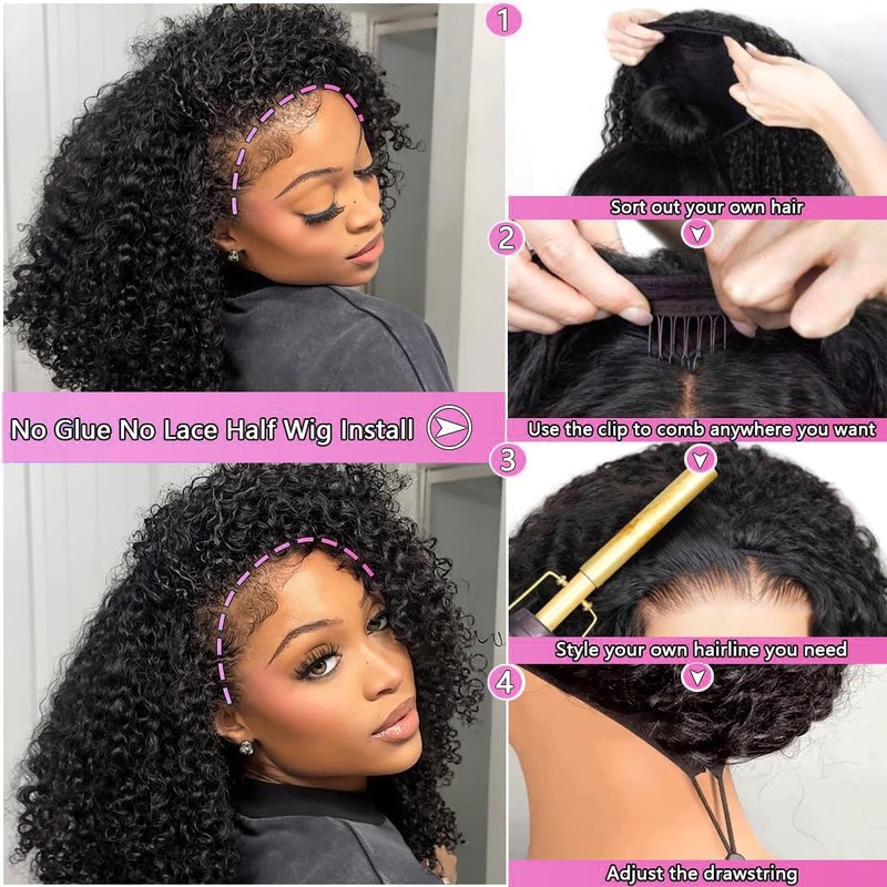 Romface Echthaar Perücke Schwarz Curly Half Wig Human Hair Kinky