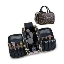 Prite Makeup Bag for Women, Large Capacity Waterproof Travel Cosmetic Organizer, Portable Open Flat Toiletry Bag with Free-standing Brush Holder and Handle(Leopard Print Medium)