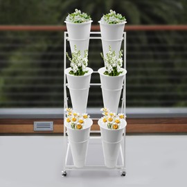 3 Tier 6 Bucket Flower Stand, White Mental Flower Display Stand With Buckets, Heavy Duty Rolling Plant Stand On Wheels, Indoor Outdoor Flower Cart Ladder Shelf For Florist, Garden, Patio, US Stock
