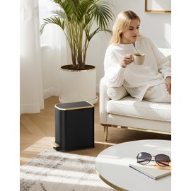 Cesun Small Bathroom Trash Can with Lid Soft Close, 5 Liter/1.3 Gallon Stainless Steel Garbage Can with Removable Inner Bucket, Step Pedal, Slim Waste Basket for Toilet, Office, Bedroom (Black&Gold)