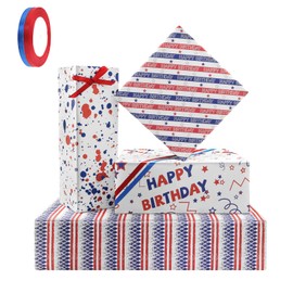 Apol Patriotic Birthday Wrapping Paper,4 Sheets Red White and Blue Gift Wrapping Paper Striped Star Craft Papers with Red and Blue Ribbon for July USA Independence Day Memorial Day,28x20 Inches