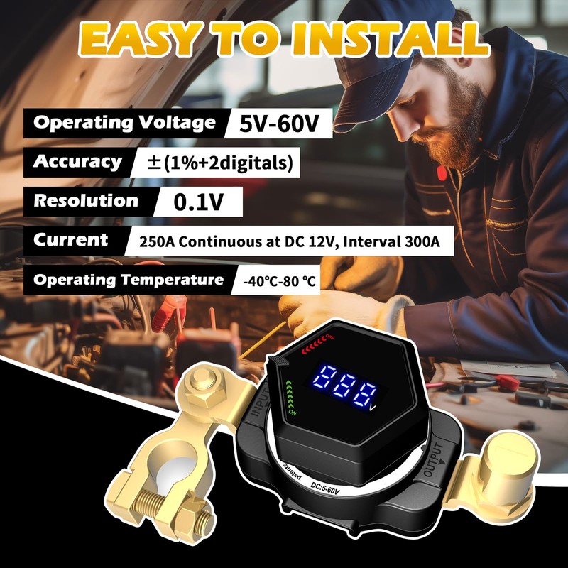 AWBLIN Top Post Battery Disconnect Switch with Voltmeter, DC 5-60V