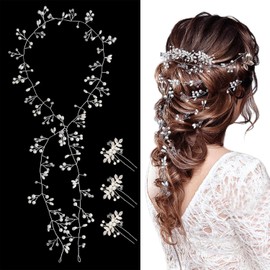 Naturahand Bride Wedding Crystal Hair Vine Accessories Extra Long Pearl and Beads Bridal Headband Head Pieces for Women Girls (Silver)