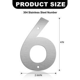 4 Inch Floating House Numbers and Metal Letters for Outdoor Signs, Modern 304 Stainless Steel Silver Address Numbers for Home, Apartment, and Garden Decor (Number 6)