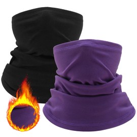 Beurlike 2 PCS Winter Neck Warmer Fleece Neck Gaiter Warm Balaclava Windproof Face Scarf Cover for Men & Women Outdoor Sports(Black+Purple)