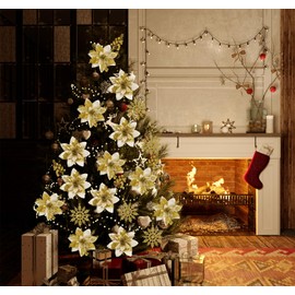 ilauke 34-Piece Glitter Christmas Flowers Set, 2 Sizes Glitter Poinsettia Artificial Flowers with Berries, Snowflakes, 25 Clips, 25 Rhizomes and Hanging Ropes for Christmas, Christmas Tree, Wreaths