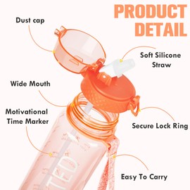 GOPPUS 32 Oz Water Bottle With Straw, Tritan Bpa-free,Wide Mouth Leakproof, Motivational Sports Large Transparent Water Bottles with Time Marker for Gym and Travel,Peach Red