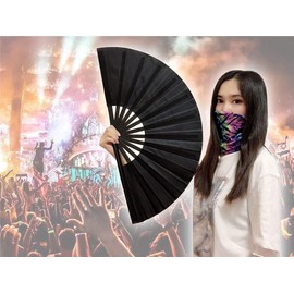 Zolee Large Rave Folding Hand Fan with Bamboo Ribs for Men/Women - Chinese Japanese Handheld Fan with Fabric Case - for Dance Music Festival Party, Performance, Decorations, Gift (Kung Fu Black)