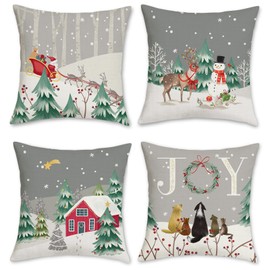 Bonhause Grey Winter Christmas Cushion Covers 45 x 45 cm Snowy Pine Tree Snowman Reindeer Decorative Throw Pillow Covers Polyester Linen Pillowcases for Sofa Bed Holiday Decor Set of 4