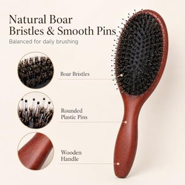 Melune Boar Bristle Hair Brush for Women, Wooden Paddle Hairbrush with Nylon Pins, Detangling Brush for Straight Wavy Thick Hair, Helps Smooth Frizz a
