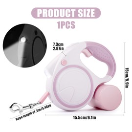 Retractable Dog Lead,Extendable Dogs Lead with LED Pet Retractable Lead with Anti-Slip Handle Detachable Poo Bag Holder for Small Medium Dogs Upto 25Kg with Anti-Slip Handle (Pink)